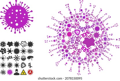 Vector infectious herpes virus icon collage of contagious microbes. Herpes virus mosaic is constructed of infectious elements, parasites, microbes, spores, contagious agents,