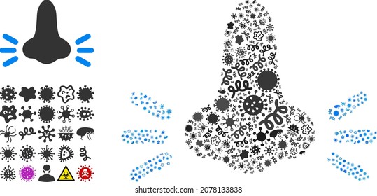 Vector infectious infected nose icon mosaic of contagious microbes. Infected nose mosaic is formed of virus items, parasites, microbes, spores, contagious agents, and based on infected nose icon.