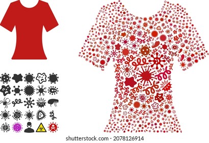 Vector infectious lady T-shirt icon collage of contagious items. Lady T-shirt collage is designed from infectious elements, parasites, microbes, spores, contagious agents,