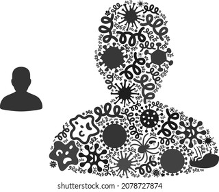 Vector infectious man icon mosaic of contagious microbes. Man mosaic is shaped from infectious elements, parasites, microbes, spores, contagious agents, and based on man icon.