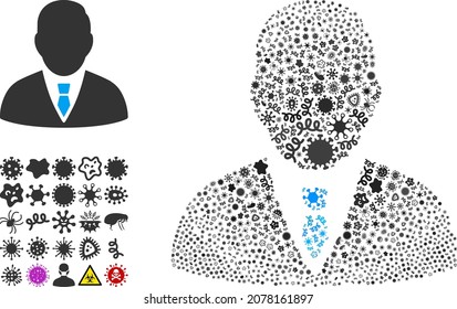 Vector infectious manager icon collage of contagious microbes. Manager collage is constructed of infection items, parasites, microbes, spores, contagious agents, and based on manager icon.