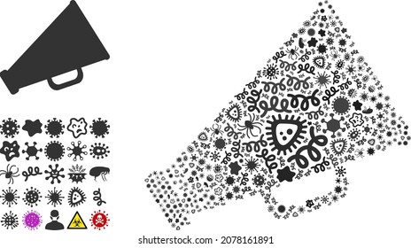 Collage de íconos megáfonos infecciosos vectores de microbios contagiosos. El collage de megáfonos está formado por ítems del virus, parásitos, microbios, esporas, agentes contagiosos y basado en ícono de megáfono.