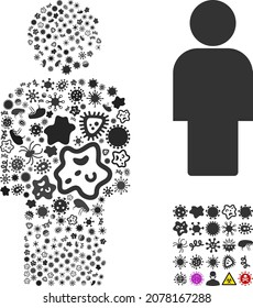 Vector infectious person icon composition of contagious items. Person mosaic is designed of virus items, parasites, microbes, spores, contagious agents, and based on person icon.