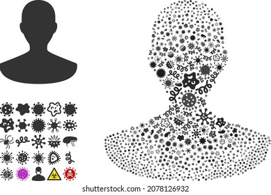 Mosaico de ícono de persona infecciosa de vectores de artículos contagiosos. El mosaico de personas está diseñado a partir de elementos del virus, parásitos, microbios, esporas, agentes contagiosos y basado en el icono de la persona.