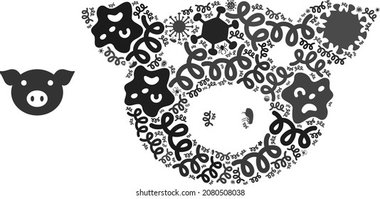 Vector infectious pig head icon mosaic of contagious items. Pig head mosaic is formed of infectious items, parasites, microbes, spores, contagious agents, and based on pig head icon.