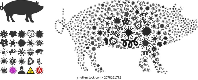Vector infectious pig icon collage of pandemic microbes. Pig collage is created from infectious elements, parasites, microbes, spores, contagious agents, and based on pig icon.