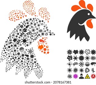 Vector infectious rooster head icon collage of contagious microbes. Rooster head collage is created of infectious elements, parasites, microbes, spores, contagious agents,