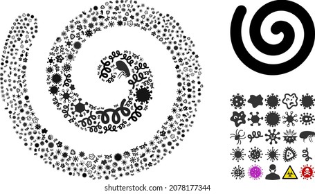 Mosaico de ícono de espiral infecciosa vectorial de los elementos pandémicos. El mosaico espiral está diseñado de elementos infecciosos, parásitos, microbios, esporas, agentes contagiosos y basado en un icono espiral.