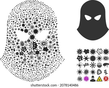 Vector infectious terrorist balaklava icon mosaic of contagious microbes. Terrorist balaklava mosaic is formed from infectious items, parasites, microbes, spores, contagious agents,