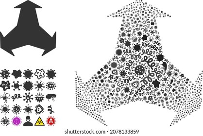 Vector infectious three directions icon collage of contagious cells. Three directions collage is designed with infectious elements, parasites, microbes, spores, contagious agents,