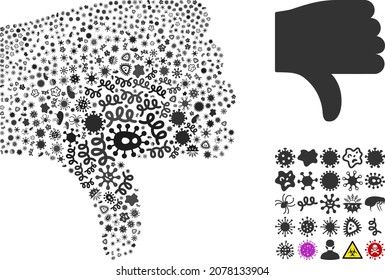 Vector infectious thumb down icon collage of contagious microbes. Thumb down mosaic is shaped from infectious elements, parasites, microbes, spores, contagious agents, and based on thumb down icon.