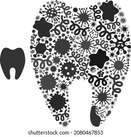 Vector infectious tooth icon collage of pandemic microbes. Tooth collage is designed with infection items, parasites, microbes, spores, contagious agents, and based on tooth icon.