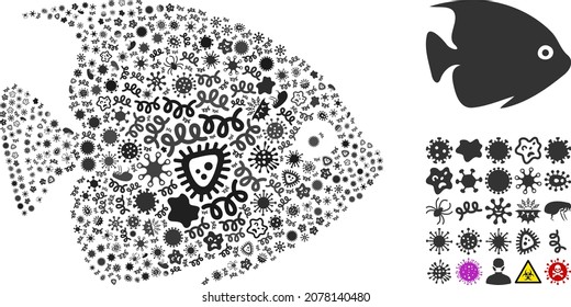 Vektorinfektiöse tropische Fische Symbol Mosaik ansteckender Mikroben. Das tropische Fischmosaik wurde aus infektiösen Elementen, Parasiten, Mikroben, Sporen,