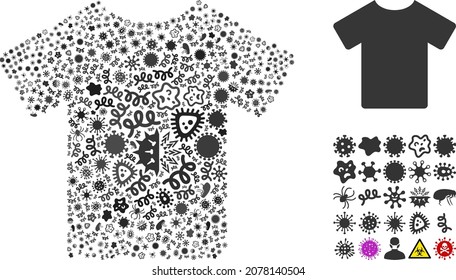 Vector infectious T-shirt icon mosaic of pandemic microbes. T-shirt mosaic is formed of infectious items, parasites, microbes, spores, contagious agents, and based on T-shirt icon.
