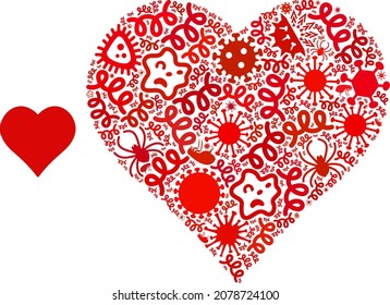 Vector infectious valentine heart icon mosaic of contagious microbes. Valentine heart collage is done of infectious items, parasites, microbes, spores, contagious agents,