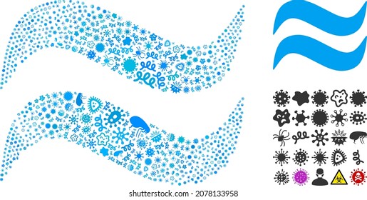 Vector infectious water waves icon composition of pandemic microbes. Water waves collage is done of infectious elements, parasites, microbes, spores, contagious agents, and based on water waves icon.
