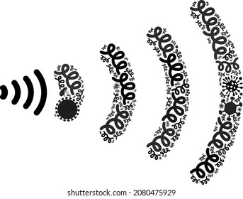 Vector infectious wireless icon mosaic of contagious microbes. Wireless mosaic is shaped of virus elements, parasites, microbes, spores, contagious agents, and based on wireless icon.