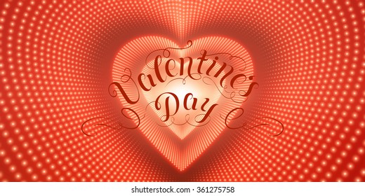 Vector infinite heart-shaped tunnel of shining flares on red background. Glowing points form heart tunnel. Abstract Valentine's day gift or invitation cards. Elegant moder design for you love