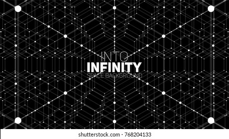 Vector infinite hexagonal space background. Matrix of glowing stars with illusion of depth, perspective. Geometric backdrop with point array as honeycomb. Abstract futuristic universe.