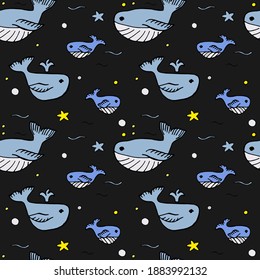 vector infinite pattern with yellow stars on a dark background. whales in the starry sky
