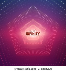 Vector infinite pentagonal tunnel of shining flares on violet background. Glowing points form tunnel sectors. Abstract cyber colorful background for your designs. Elegant modern geometric wallpaper.
