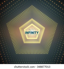 Vector infinite pentagonal tunnel of shining flares on green background. Glowing points form tunnel sectors. Abstract cyber colorful background for your designs. Elegant modern geometric wallpaper.