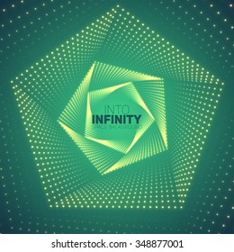 Vector infinite pentagonal twisted tunnel of shining flares on green background. Glowing points form tunnel sectors. Abstract cyber colorful background for your designs. Geometric wallpaper.