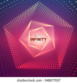 Vector infinite pentagonal twisted tunnel of shining flares on violet background. Glowing points form tunnel sectors. Abstract cyber colorful background for your designs. Geometric wallpaper.