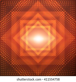 Vector infinite polygonal or square tunnel of shining flares on red background. Glowing points form tunnel sectors. Abstract cyber colorful background for your designs. Elegant geometric wallpaper.