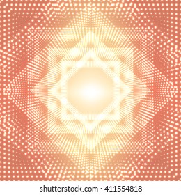 Vector infinite polygonal tunnel of shining flares on orange background. Glowing points form tunnel sectors. Abstract cyber colorful background for your designs. Elegant modern geometric wallpaper.