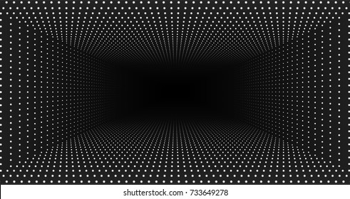 Vector infinite rectangular tunnel of shining flares on monochrome background. Glowing points form tunnel. Abstract cyber colorful background. Elegant modern geometric wallpaper. Shining points