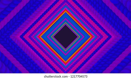 Vector infinite rhombic or square colorful tunnel of circles with soft shadow. Circles form tunnel sectors. Abstract cyber colorful background. Geometric infinite wallpaper. Retro disco backdrop.