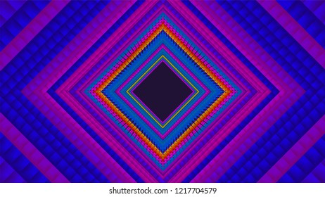 Vector infinite rhombic or square colorful tunnel of squares with soft shadow. Squares form tunnel sectors. Abstract cyber colorful background. Geometric infinite wallpaper. Retro disco backdrop.