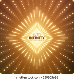 Vector infinite rhombic or square tunnel of shining flares on orange background. Glowing points form tunnel sectors. Abstract cyber colorful background for your designs. Elegant geometric wallpaper.
