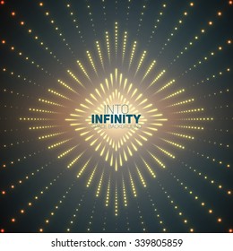 Vector infinite rhombic or square tunnel of shining flares on turquoise background. Glowing points form tunnel sectors. Abstract cyber colorful background for your designs. Elegant geometric wallpaper