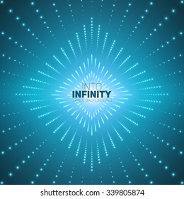 Vector infinite rhombic or square tunnel of shining flares on blue background. Glowing points form tunnel sectors. Abstract cyber colorful background for your designs. Elegant geometric wallpaper.