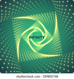 Vector infinite rhombic or square twisted tunnel of shining flares on green background. Glowing points form tunnel sectors. Abstract cyber colorful background for your designs. Geometric wallpaper.