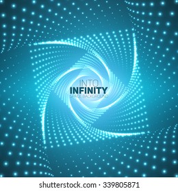 Vector infinite rhombic or square twisted tunnel of shining flares on blue background. Glowing points form tunnel sectors. Abstract cyber colorful background for your designs. Geometric wallpaper.