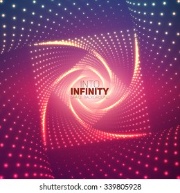 Vector infinite rhombic or square twisted tunnel of shining flares on violet background. Glowing points form tunnel sectors. Abstract cyber colorful background for your designs. Geometric wallpaper.