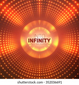Vector infinite round tunnel of shining flares on red background. Glowing points form tunnel sectors. Abstract cyber colorful background for your designs. Elegant modern geometric wallpaper.