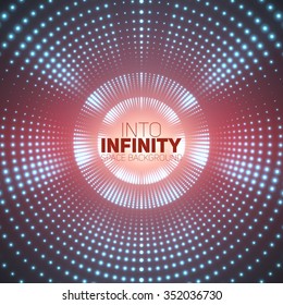 Vector infinite round tunnel of shining flares on blue background. Glowing points form tunnel sectors. Abstract cyber colorful background for your designs. Elegant modern geometric wallpaper.