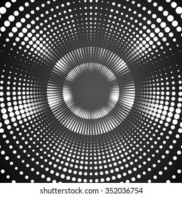 Vector infinite round tunnel of shining flares on black background. Glowing points form tunnel sectors. Abstract cyber monochrome background for your designs. Elegant modern geometric wallpaper.