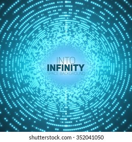 Vector infinite round tunnel of shining flares on blue background. Glowing points form tunnel sectors. Abstract cyber colorful noise background for your designs. Elegant modern geometric wallpaper.