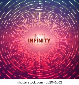Vector infinite round tunnel of shining flares on violet background. Glowing points form tunnel sectors. Abstract cyber colorful noise background for your designs. Elegant modern geometric wallpaper.