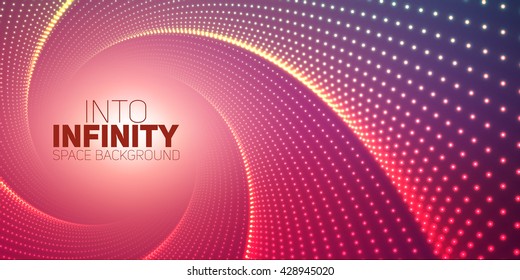 Vector infinite round twisted tunnel of shining flares on violet background. Glowing points form tunnel. Abstract cyber colorful background. Elegant modern geometric wallpaper. Shinig points swirl.