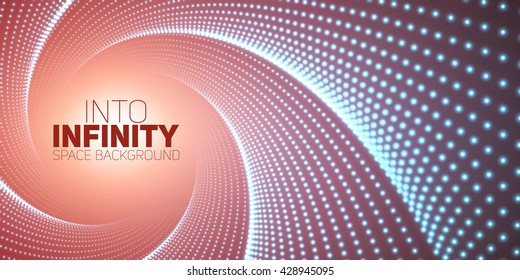 Vector infinite round twisted tunnel of shining flares on blue background. Glowing points form tunnel. Abstract cyber colorful background. Elegant modern geometric wallpaper. Shinig points swirl.