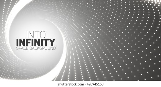 Vector infinite round twisted tunnel of shining flares on black background. Glowing points form tunnel. Abstract cyber colorful background. Elegant modern geometric wallpaper. Shinig points swirl.