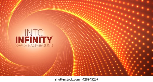 Vector infinite round twisted tunnel of shining flares on red background. Glowing points form tunnel. Abstract cyber colorful background. Elegant modern geometric wallpaper. Shinig points swirl.