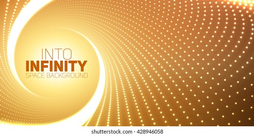 Vector infinite round twisted tunnel of shining flares on orange background. Glowing points form tunnel. Abstract cyber colorful background. Elegant modern geometric wallpaper. Shining points swirl.