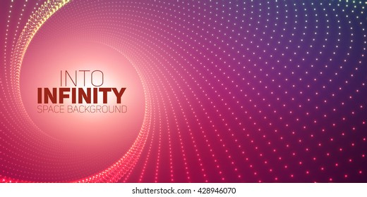 Vector infinite round twisted tunnel of shining flares on violet background. Glowing points form tunnel. Abstract cyber colorful background. Elegant modern geometric wallpaper. Shining points swirl.